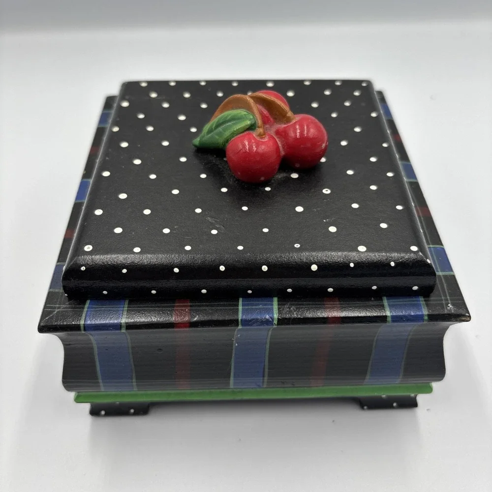 VTG Handcrafted Wooden Box w/ Lid‎ Cherries on Lid Polka Dot Striped Signed 1996